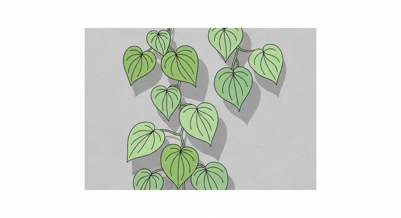 Daun sirih berbentuk hati yang subur sedang memanjat permukaan dinding simen. 