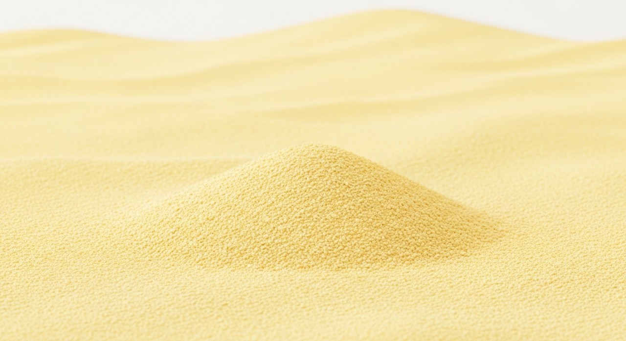 Tanah berpasir dengan tekstur kasar berwarna kuning muda yang kelihatan sangat kering.