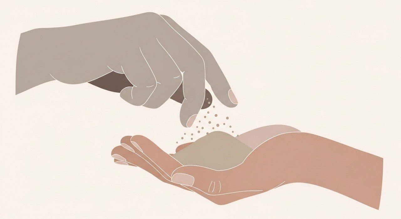 Perwakilan simbolik tangan sedang menyentuh tanah debu bersih untuk melakukan ritual penyucian.