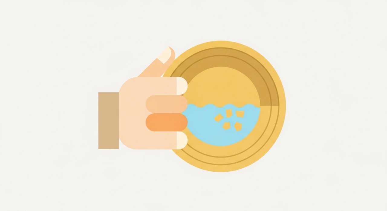 Tangan sedang memegang dulang emas tradisional berisi sedikit air dan serpihan emas.