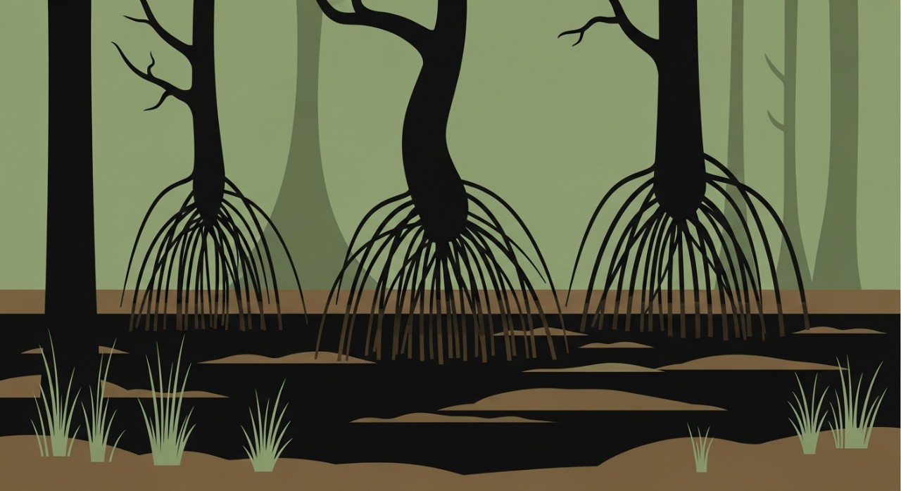 Pemandangan ekosistem hutan paya gambut yang ditumbuhi pokok-pokok unik dan air berwarna hitam, menunjukkan ciri khas kawasan ini.