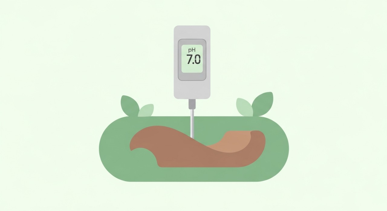 Alat pengukur pH tanah dimasukkan ke dalam tanah, menunjukkan skala neutral yang terbaik untuk kebanyakan sayuran.