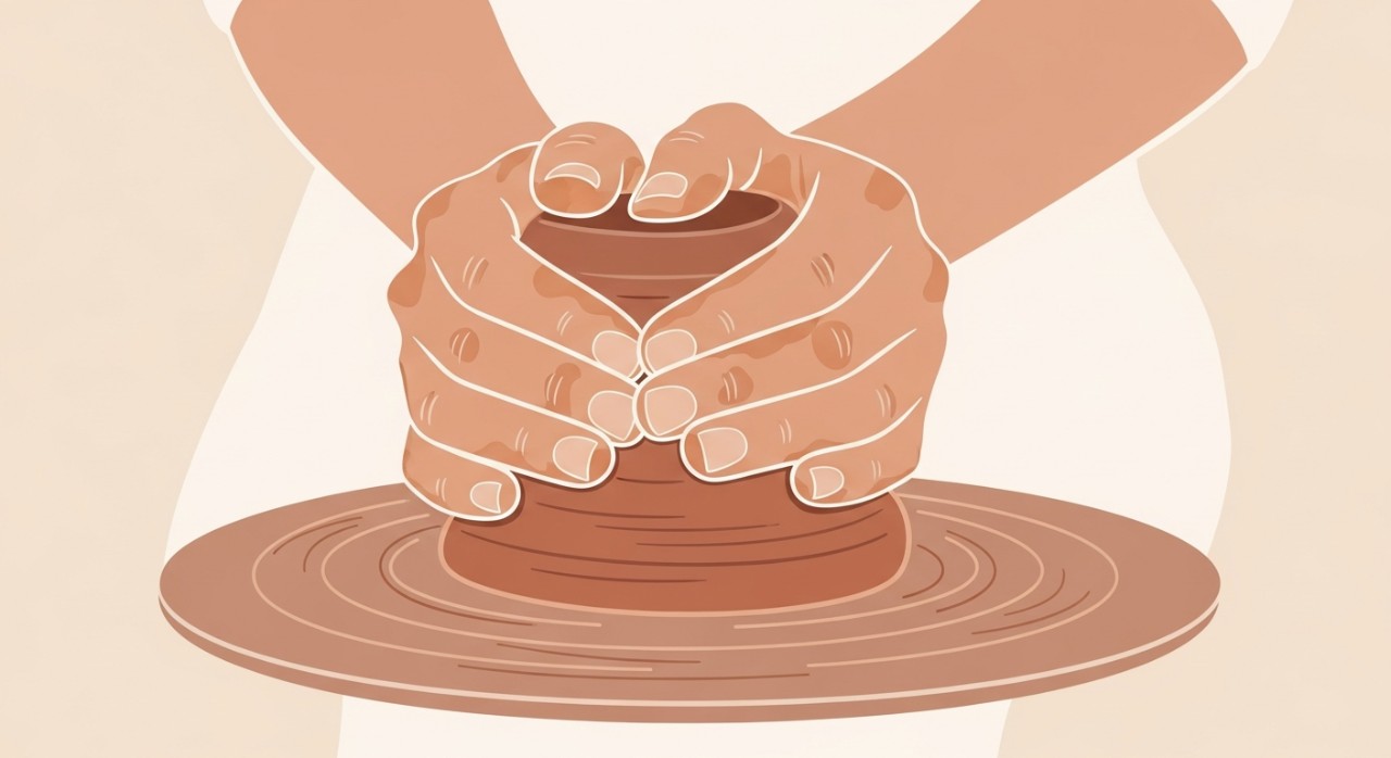 Sepasang tangan sedang membentuk tanah liat merah di atas roda tembikar, menunjukkan proses asas pembuatan gerabah.