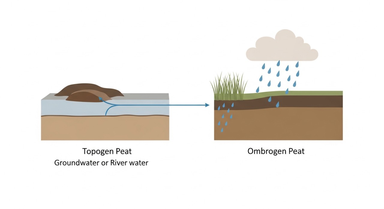 Diagram skematik yang menunjukkan perbezaan sumber air antara gambut ombrogen yang bergantung pada air hujan dan gambut topogen yang mendapat air dari sungai atau air laut.