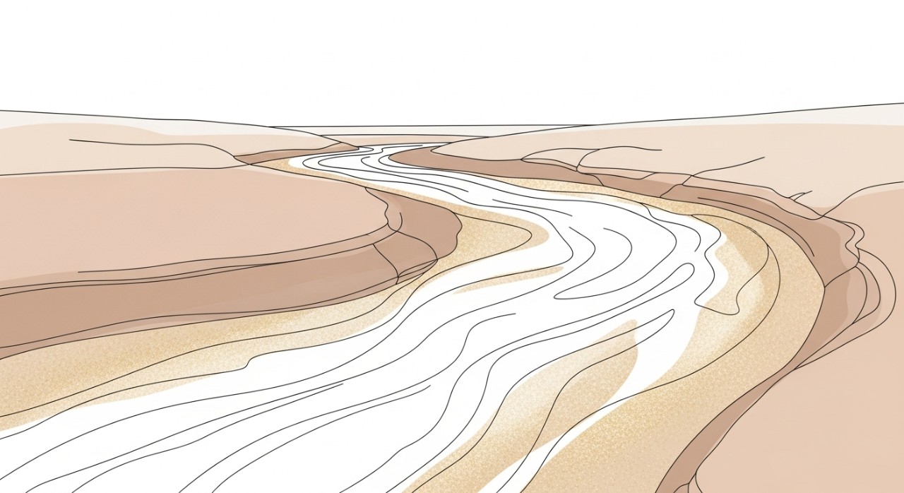 Pemandangan minimalis aliran sungai dan tanah aluvium di tebingnya yang mengandungi pasir halus.
