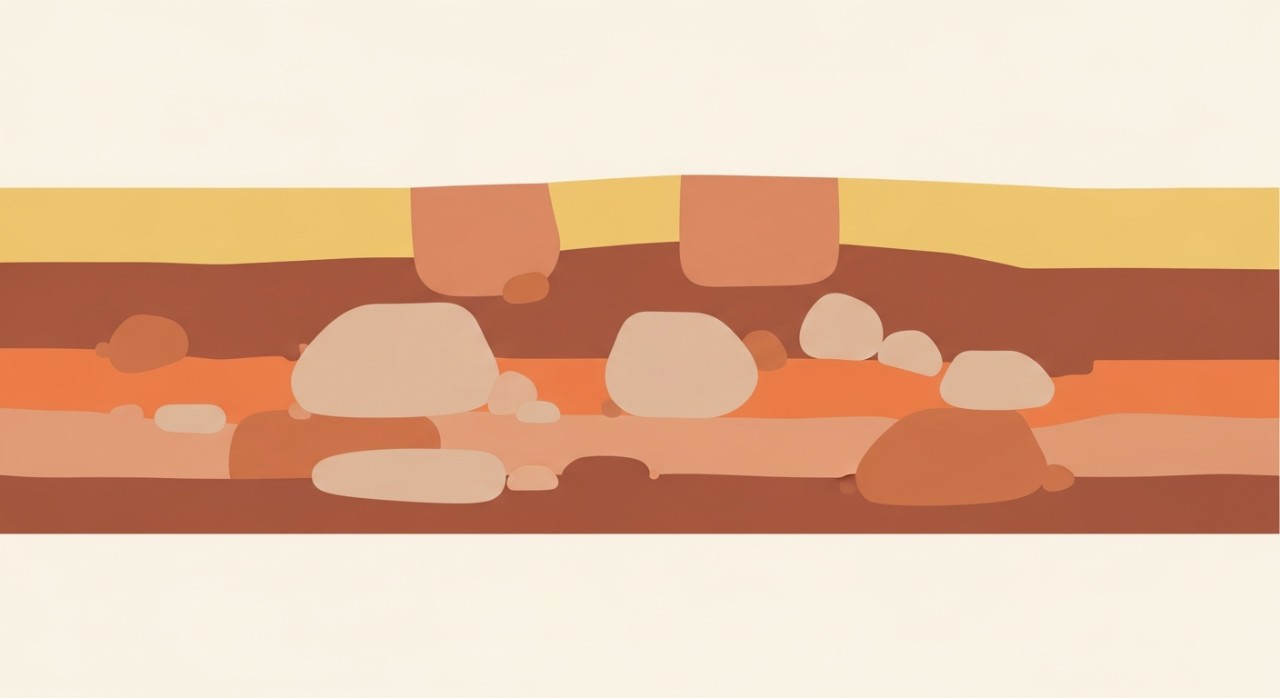 Close-up pandangan keratan rentas tanah laterit berwarna kemerahan yang bertekstur kasar.