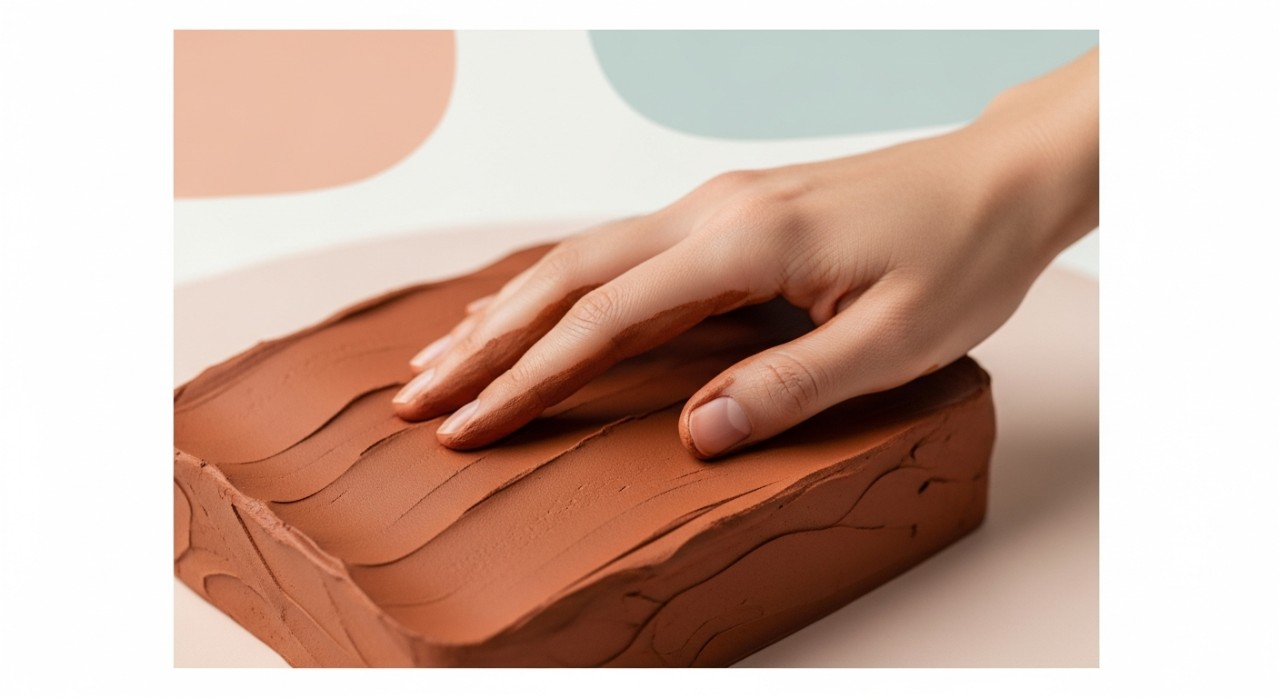 Gumpalan tanah liat berwarna merah kecoklatan dengan tekstur padat dipegang oleh seorang petani.